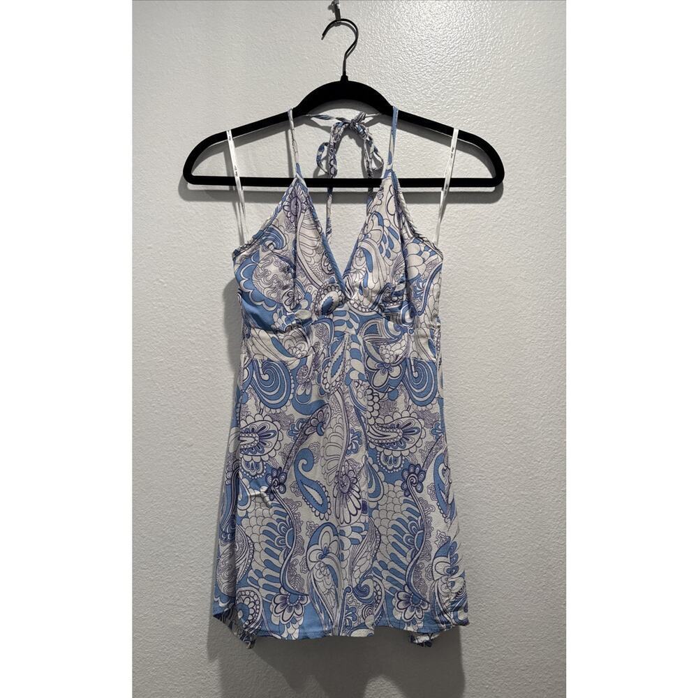 LUCY LOVE Size Medium Blue White Paisley Print Open Tie Back Y2K Look Retro Boho